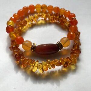 Amber and Carnelian Set of two stretch healing bracelets